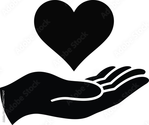 Clean black graphic presenting a human hand supporting a floating stylized heart on a white background