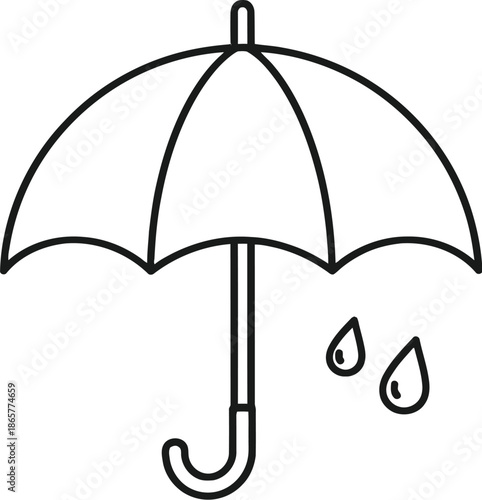 Simple line drawing of umbrella with raindrops