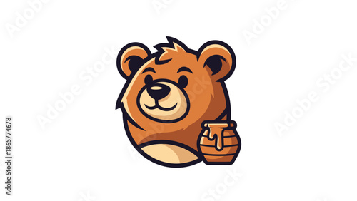 Cute cartoon bear head with honey pot illustration.