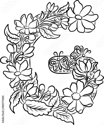 Floral alphabet letter A-Z hand drawn Illustration, Decorative botanical typography for coloring Pages and creative design.Set of flower alphabet.Line art and doodle for t-shirt.Elements with flower.