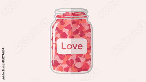 A jar filled with red and pink hearts labeled Love.