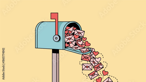 Overflowing mailbox filled with love letters and hearts.
