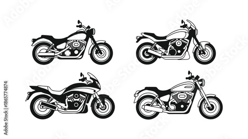 Four black and white illustrations of classic motorcycle designs on a white background
