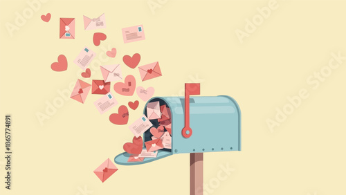 Mailbox overflowing with letters and hearts, symbolizing love and correspondence.