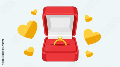 Red jewelry box with gold ring surrounded by hearts.
