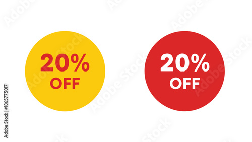 Twenty percent off discount sale badge set in red and yellow colors, promotional price offer circle labels
