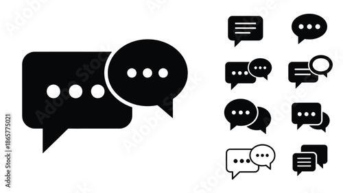 Black and white communication icons depicting various speech bubble designs