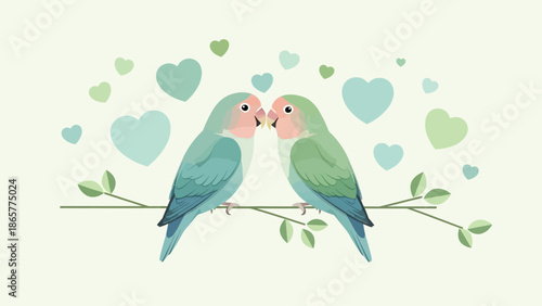 Two Lovebirds Perched on a Branch Surrounded by Hearts.