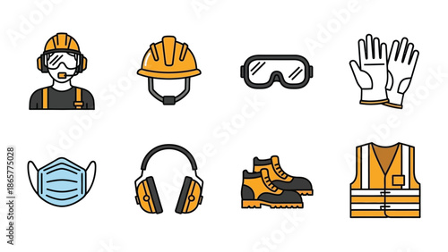 Collection of essential construction site safety gear icons illustrating necessary personal protective equipment for various industrial and manual labor environments