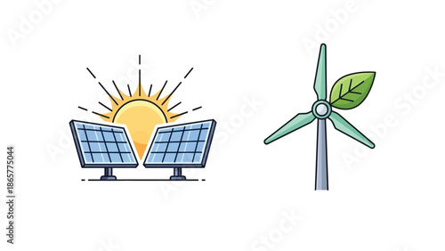 Comparison illustration showing solar energy panels harnessing sunlight next to a stylized wind turbine featuring a green leaf design representing clean power sources