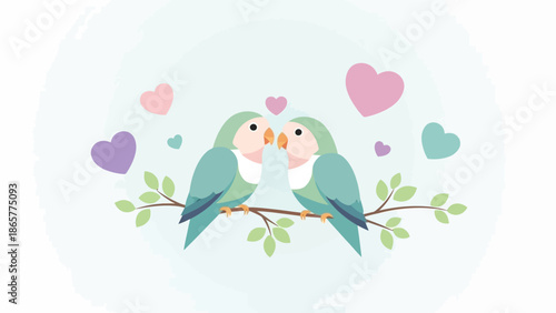 Two Lovebirds Perched on a Branch Surrounded by Hearts.