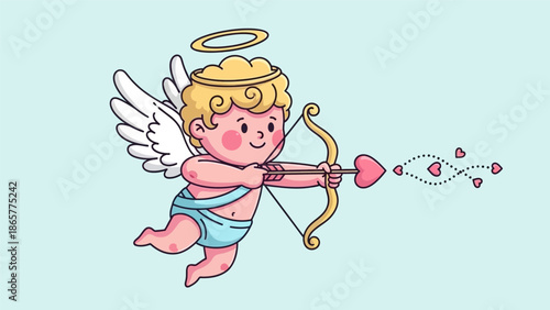 Cupid flying with bow and arrow releasing hearts.