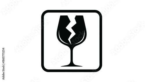 Simple black and white icon graphic depicting a fragile wine glass symbol indicating contents that require careful handling during shipping and storage procedures.