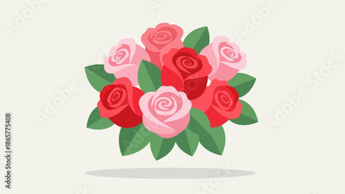 Beautiful bouquet of red and pink roses with green leaves.