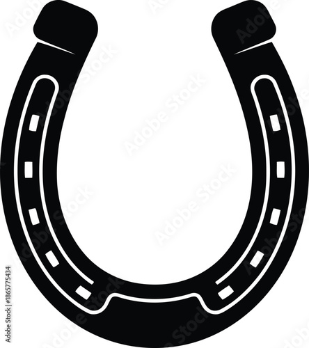 Distinct black silhouette of a horseshoe with a unique nail hole pattern presented on a bright white surface