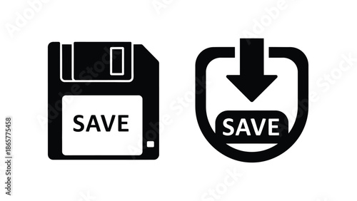 Two black icons depict saving data a floppy disk and a downward arrow