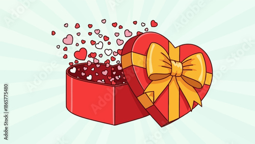 Red heart shaped gift box with golden ribbon and hearts.