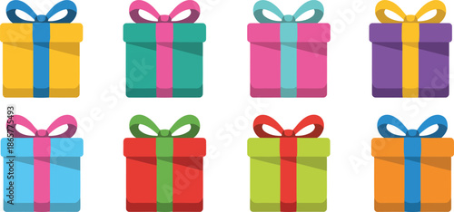 Colorful Wrapped Presents with Ribbons and Bows Arrayed on a Clean White Background