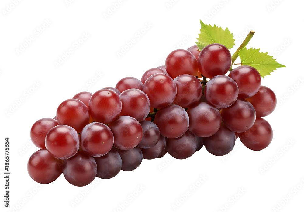 Fototapeta premium Fresh red grapes with leaves on white background