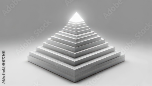 Abstract, symmetrical white pyramid with steps leading to a glowing, bright apex in a studio