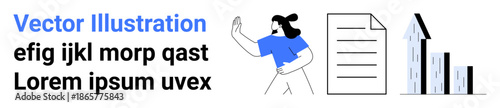 Business, financial analysis, data management, professional growth, corporate strategy, teamwork. A person gestures next to a document and an upward financial chart. Business and financial analysis