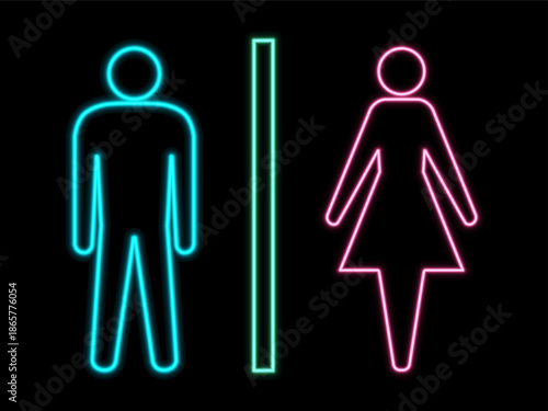 Set of man and woman neon icons for restroom. Vector led toilet signs of ladies and gents. Male and female glowing outlines for WC doors.
