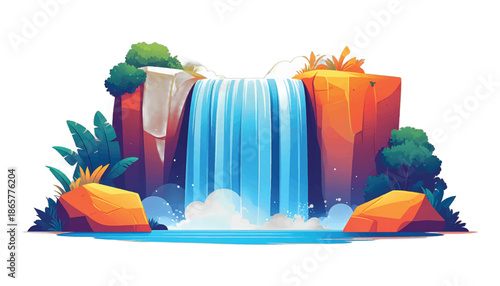 Cartoon Waterfall Scene with Lush Vegetation and Rocky Cliffs.