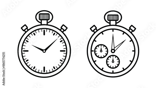 Two simple black and white stopwatch icons one showing time one not