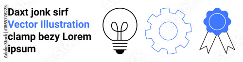 Innovation, idea generation, technology, problem-solving, achievement, productivity. A lightbulb, gear and ribbon icons displayed in minimalist style. Innovation and technology concept
