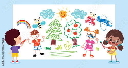 Cartoon Kids Drawing On Wall