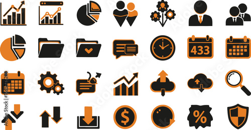 Business Analytics Dashboard UI Icons Set – Charts, Reports, Calendar, Cloud Data