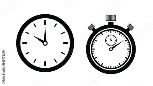 Simple black and white illustration of a clock and a stopwatch side by side