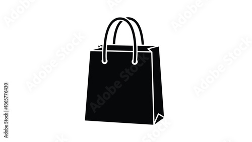 Simple black and white illustration of a paper shopping bag with handles