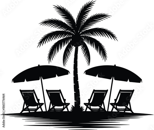 Silhouette of an idyllic tropical beach featuring a single palm tree, two shaded umbrellas, and four empty chairs
