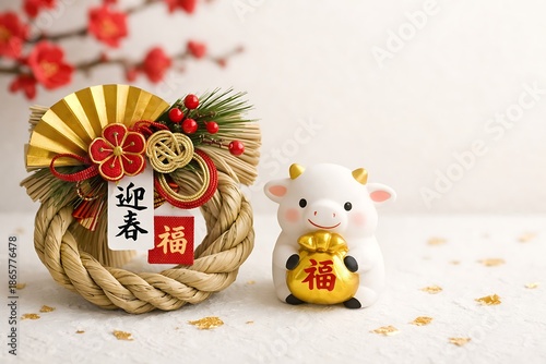 Wallpaper Mural Japanese New Year Lucky Ox Figurine with Traditional Wreath and Copy Space Torontodigital.ca