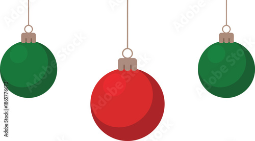 Three festive Christmas tree ornaments dangle against a bright white background
