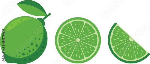 Three vibrant green lime illustrations featuring a complete fruit a round slice and a small wedge