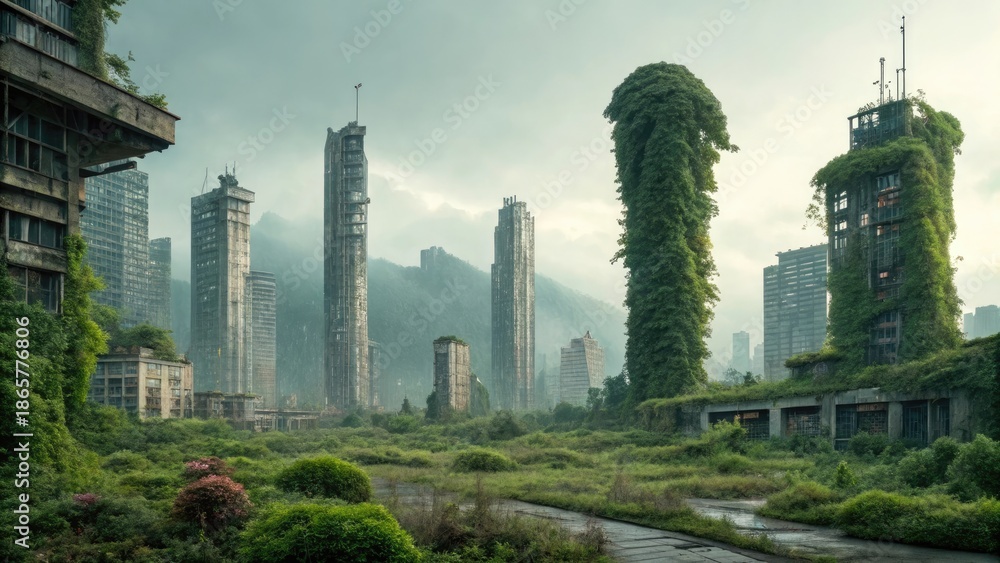 Fototapeta premium Abandoned futuristic city partially reclaimed by alien vegetation. 