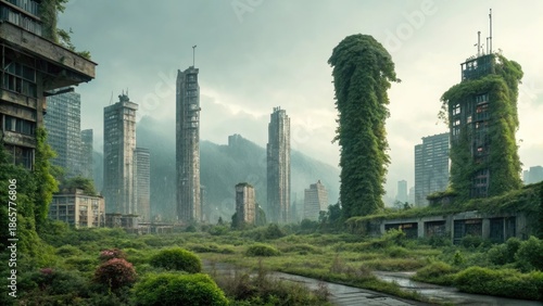 Abandoned futuristic city partially reclaimed by alien vegetation. 