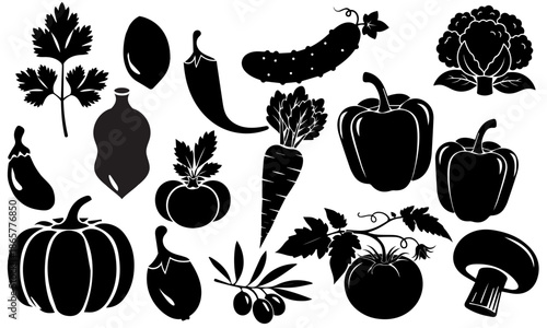 A comprehensive collection of various healthy vegetable silhouettes in black, including carrots, bell peppers, and pumpkins.