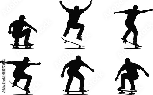Six silhouettes of skateboarder performing dynamic tricks, jumps, and stunts, showcasing balance, motion, skill, and extreme urban skateboarding culture