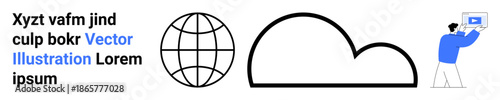 Globe symbol, cloud outline, and person holding a laptop suggest global connectivity, cloud computing, and digital progress. Ideal for tech, cloud storage, data sharing, globalization innovation