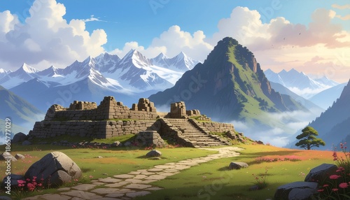 A picturesque scene of ancient ruins amidst a dramatic mountain landscape, featuring historical stone structures, towering peaks, and a winding path under a serene sky, evoking ancient civilizations