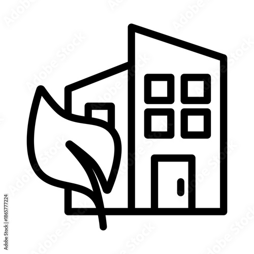 Eco office building icon with leaf symbol representing sustainable architecture, green business, and environmentally friendly workplace in outline vector style.