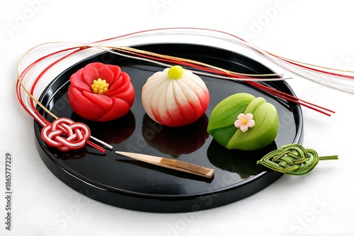 Wallpaper Mural Elegant Japanese Wagashi Sweets with New Year Decorations on Black Tray Torontodigital.ca