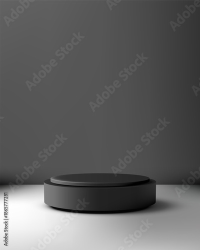 product display podium 3d mockup minimal black stand modern geometric cylinder spotlight background elegant stage for branding presentation advertising showroom template design