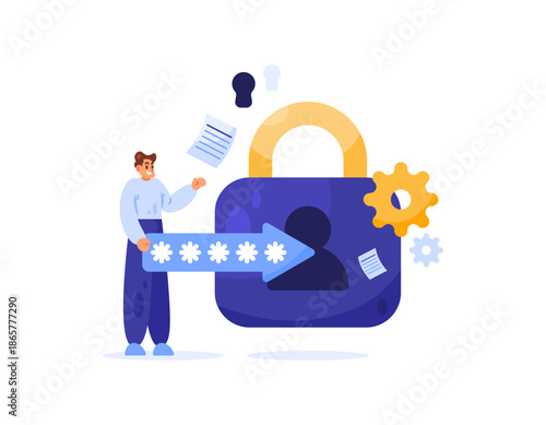 Security and access management password concept. Illustration of a user trying to open a padlock by entering a password. Managing security and access rights. Flat design style. White background.