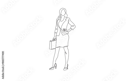 Confident Businesswoman Standing Hands on Hips & Sitting on Stool – One Line Minimalist Line Art Vector