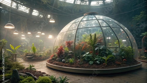 Advanced alien greenhouse ecosystem inside a transparent dome. 