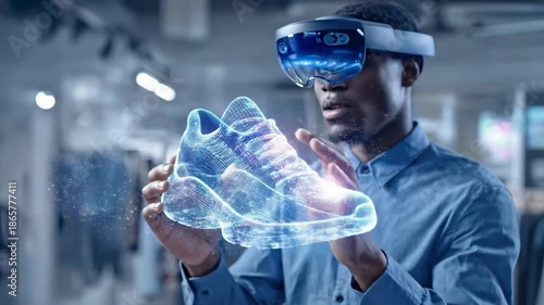 Man Explores Holographic Sneaker Display With Augmented Technology in a Digital Environment Using Mixed Reality Device